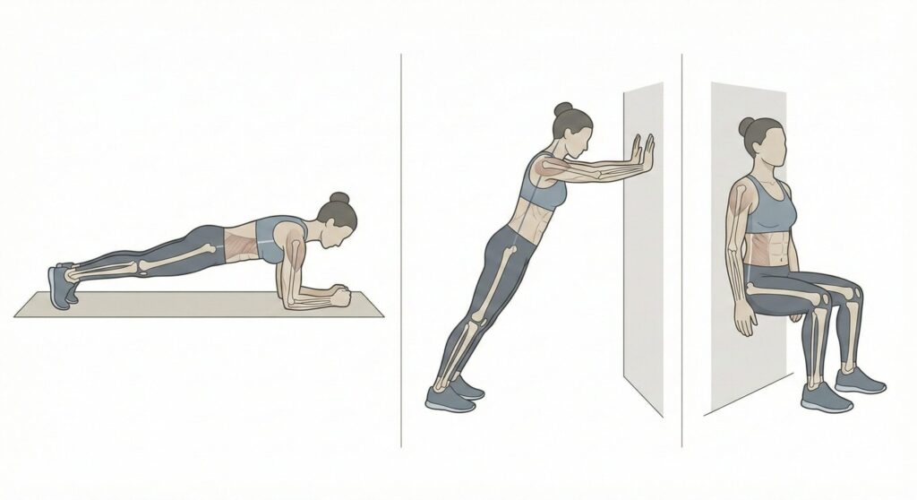 アイソメトリック運動のメリット・デメリット｜代表例（プランク・壁押し・壁スクワット）