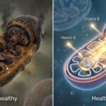 糖化（AGEs）により機能不全に陥ったミトコンドリアと、ATP産生が活発な健康なミトコンドリアの比較図