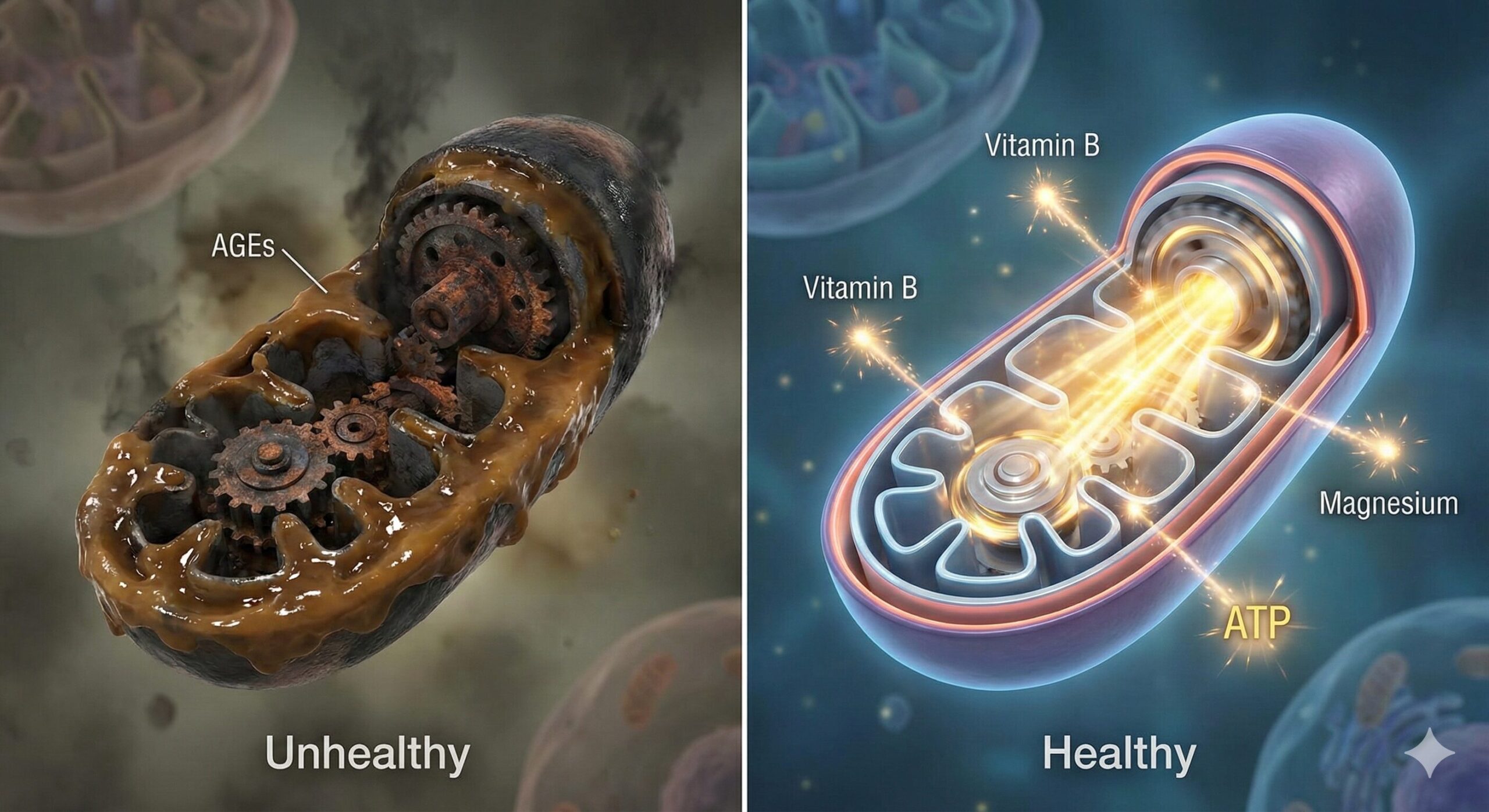糖化（AGEs）により機能不全に陥ったミトコンドリアと、ATP産生が活発な健康なミトコンドリアの比較図