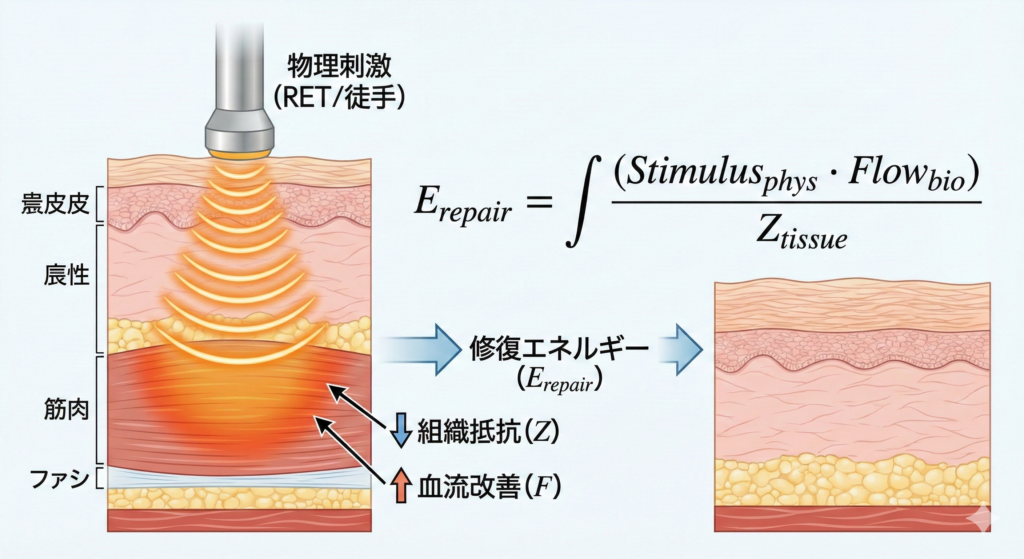 組織修復エネルギーと物理刺激、組織インピーダンスの相関を示す数理モデル図解。RET高周波が深部の抵抗を下げ、修復を促進するメカニズム。