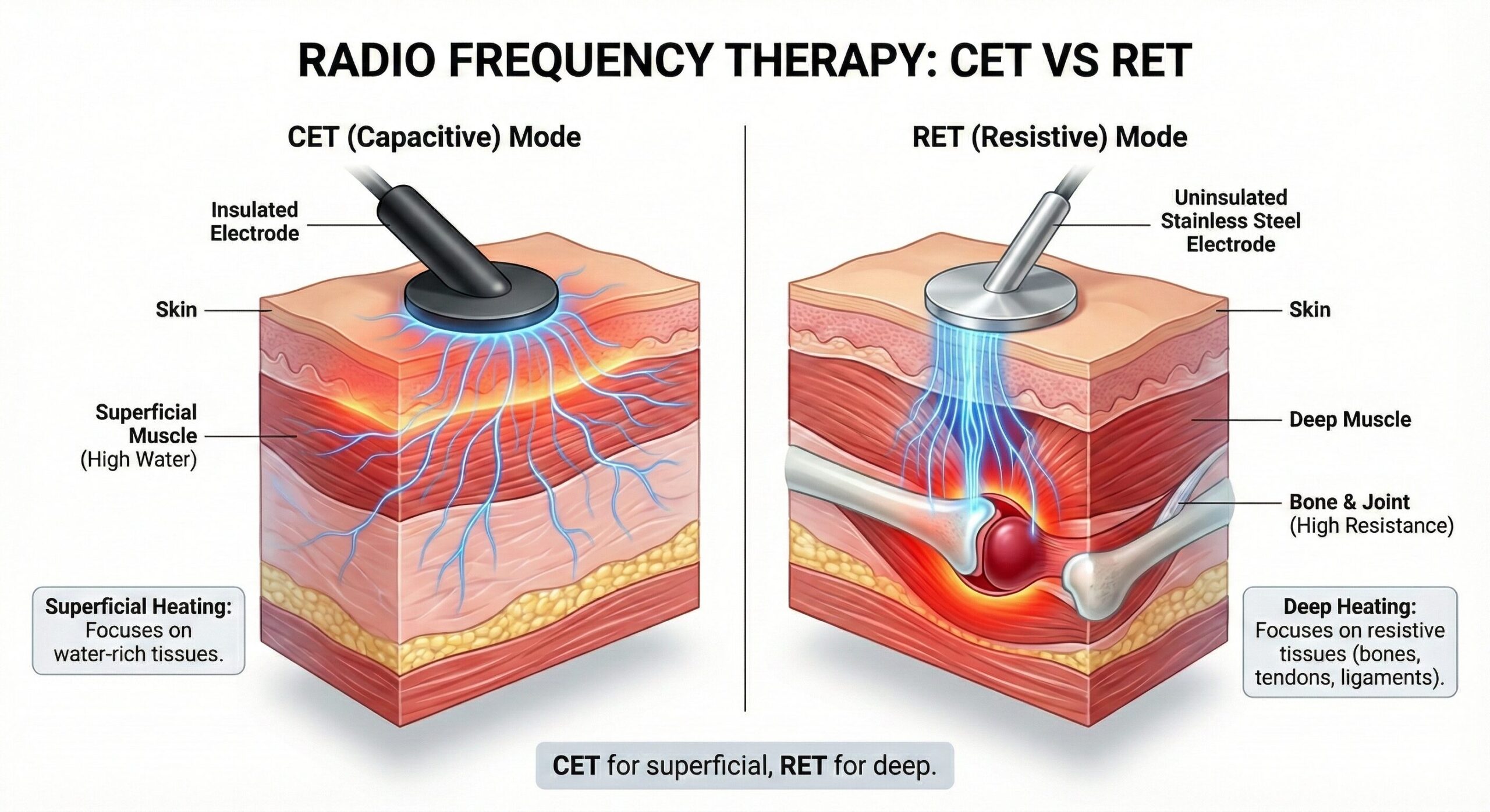 ラジオ波 治療器のCETモード（浅部・容量結合）とRETモード（深部・抵抗結合）の発熱ポイントの違いを示した比較図解。