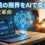 Google Geminiを搭載したPCが事務作業を自動化し、治療家が施術に専念している近未来的な治療院のイメージ図。