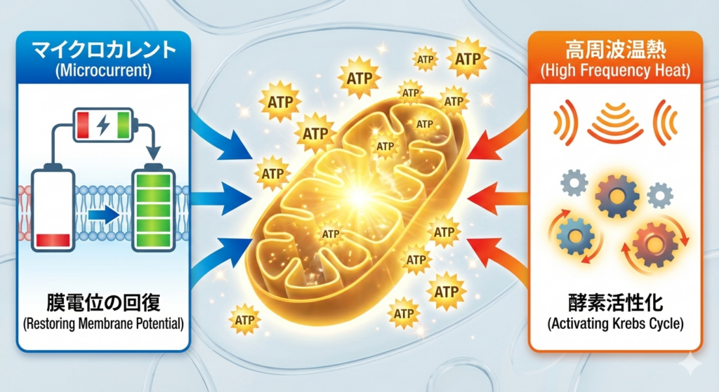 微弱電流（マイクロカレント）による細胞膜電位の正常化と、高周波温熱（ラジオ波）による酵素活性化が、いかにしてミトコンドリアのATP産生を最大化するかを示す比較図解。