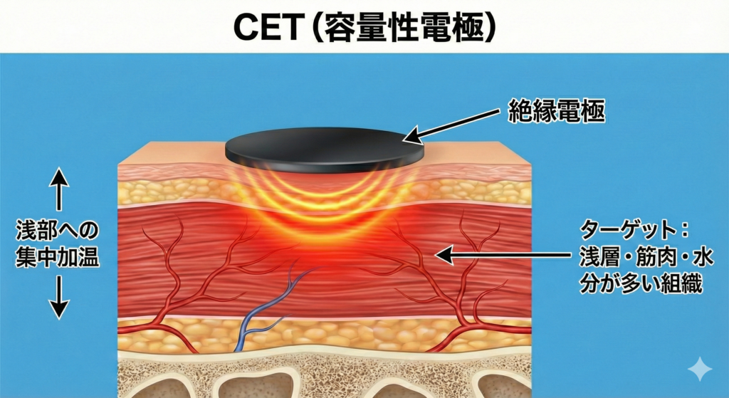 ラジオ波CET（容量性電極）が脳疲労解消のために浅層組織を集中加温するメカニズムの図解