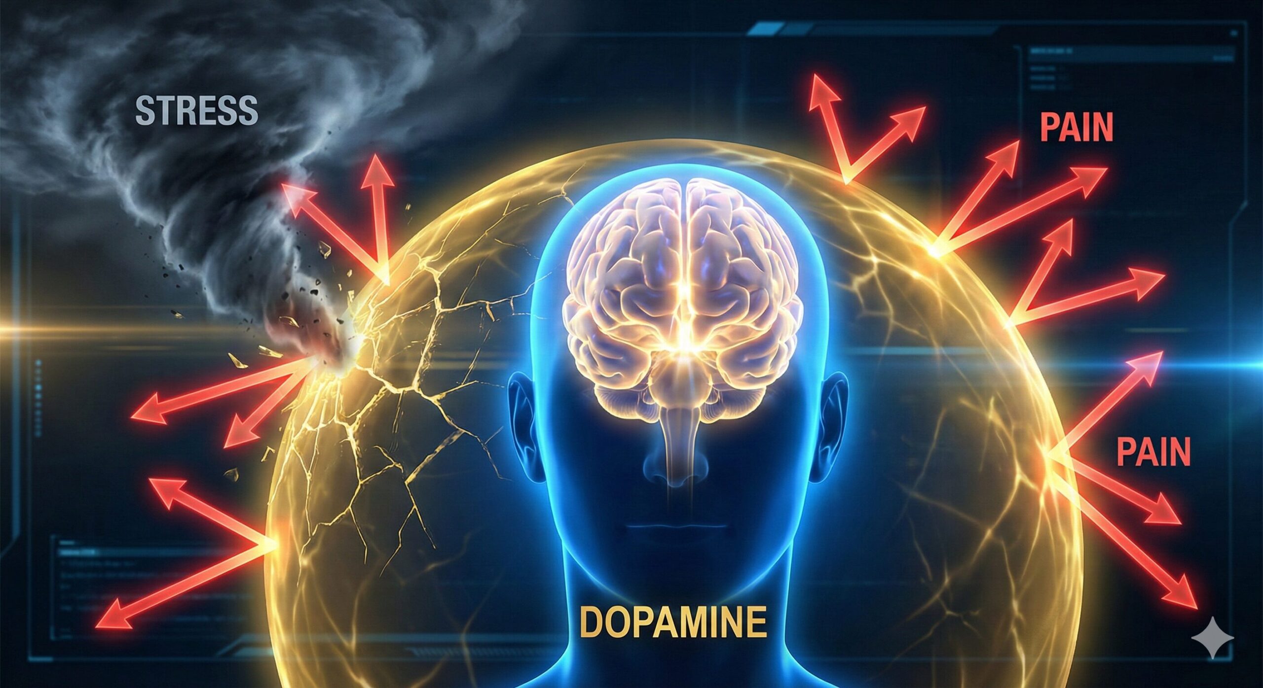 ドーパミンが作り出すシールドが、ストレスによって破壊され、痛みの矢が身体に届いてしまっているイメージ図。