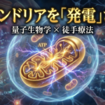 ミトコンドリアがATPエネルギーを産生する様子を、量子生物学的な発電所として表現したサイエンスアートのアイキャッチ画像。
