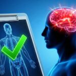 検査結果は正常（グリーン）だが、脳内では痛みの信号（レッド）が誤作動を起こしている様子を描いた医療イラスト。