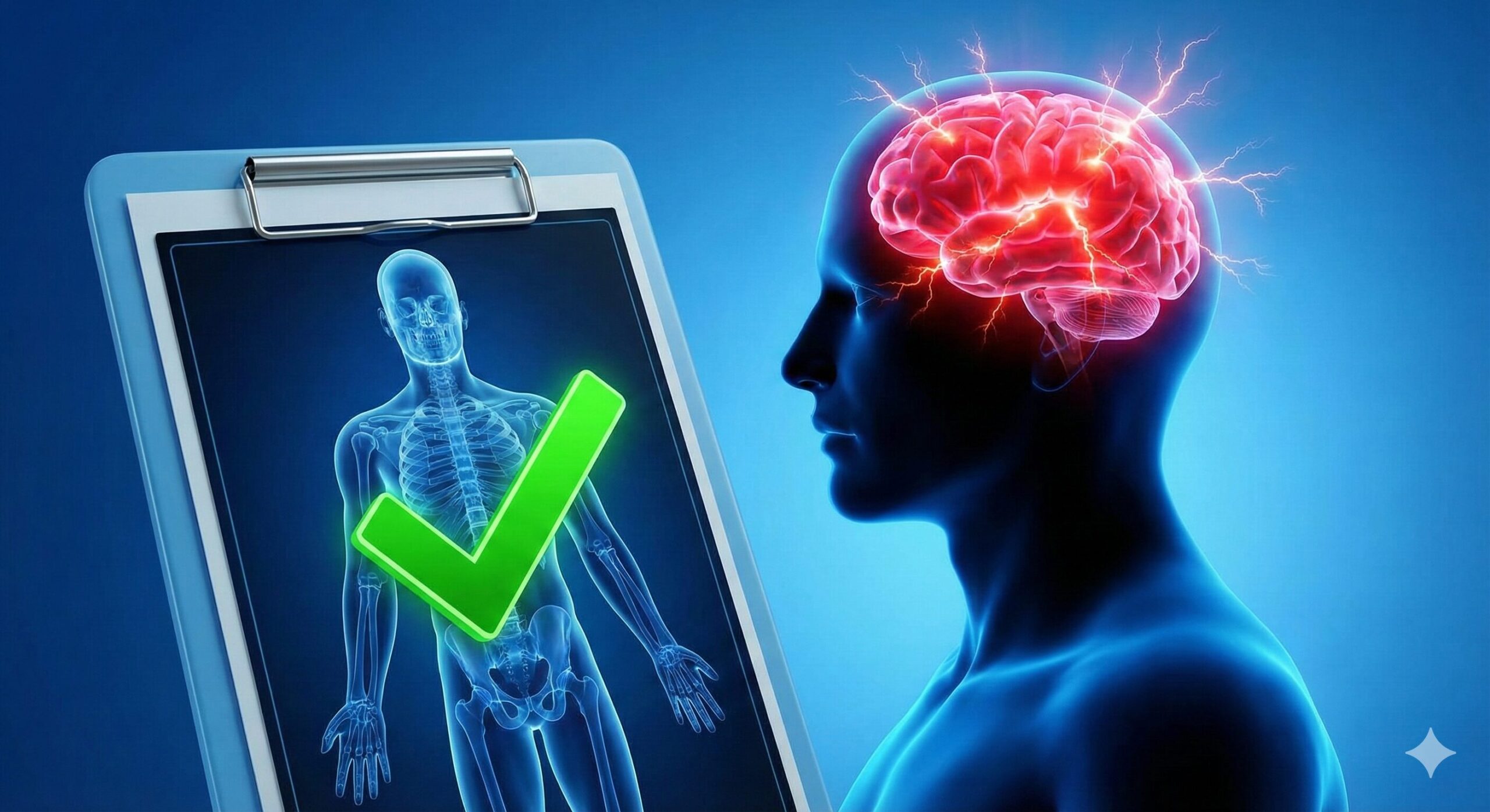検査結果は正常（グリーン）だが、脳内では痛みの信号（レッド）が誤作動を起こしている様子を描いた医療イラスト。