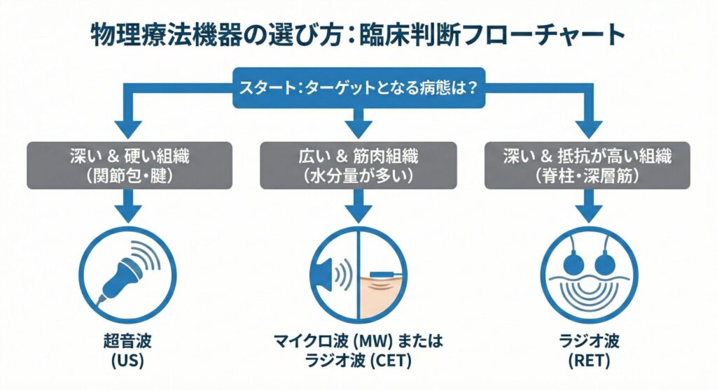 物理療法 機器 選び方のフローチャート。ターゲット深度と組織タイプ（硬い・柔らかい）から、超音波・ラジオ波・マイクロ波のどれを選択すべきかを判断するための決定木。
