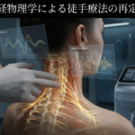 徒手療法と神経物理学の融合を表現した、プロフェッショナルな臨床家向けアイキャッチ。インピーダンスと神経ネットワークの視覚化。