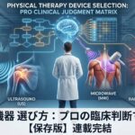 物理療法機器の選び方をテーマにしたアイキャッチ画像。治療家が臨床推論を用いて、超音波・マイクロ波・ラジオ波の中から最適な治療法を選択している未来的なコンセプト図。