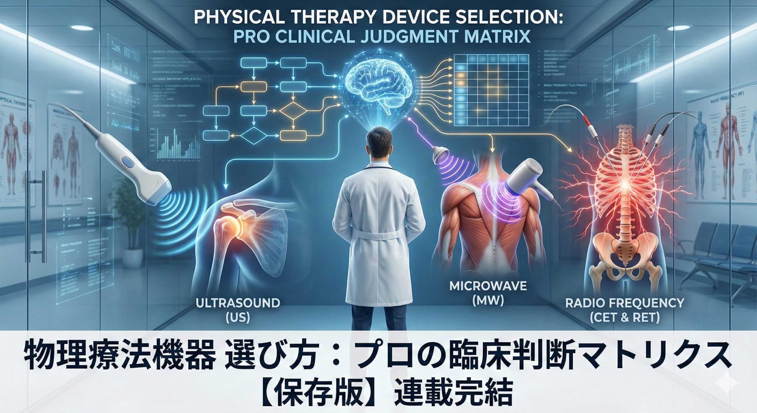 物理療法機器の選び方をテーマにしたアイキャッチ画像。治療家が臨床推論を用いて、超音波・マイクロ波・ラジオ波の中から最適な治療法を選択している未来的なコンセプト図。
