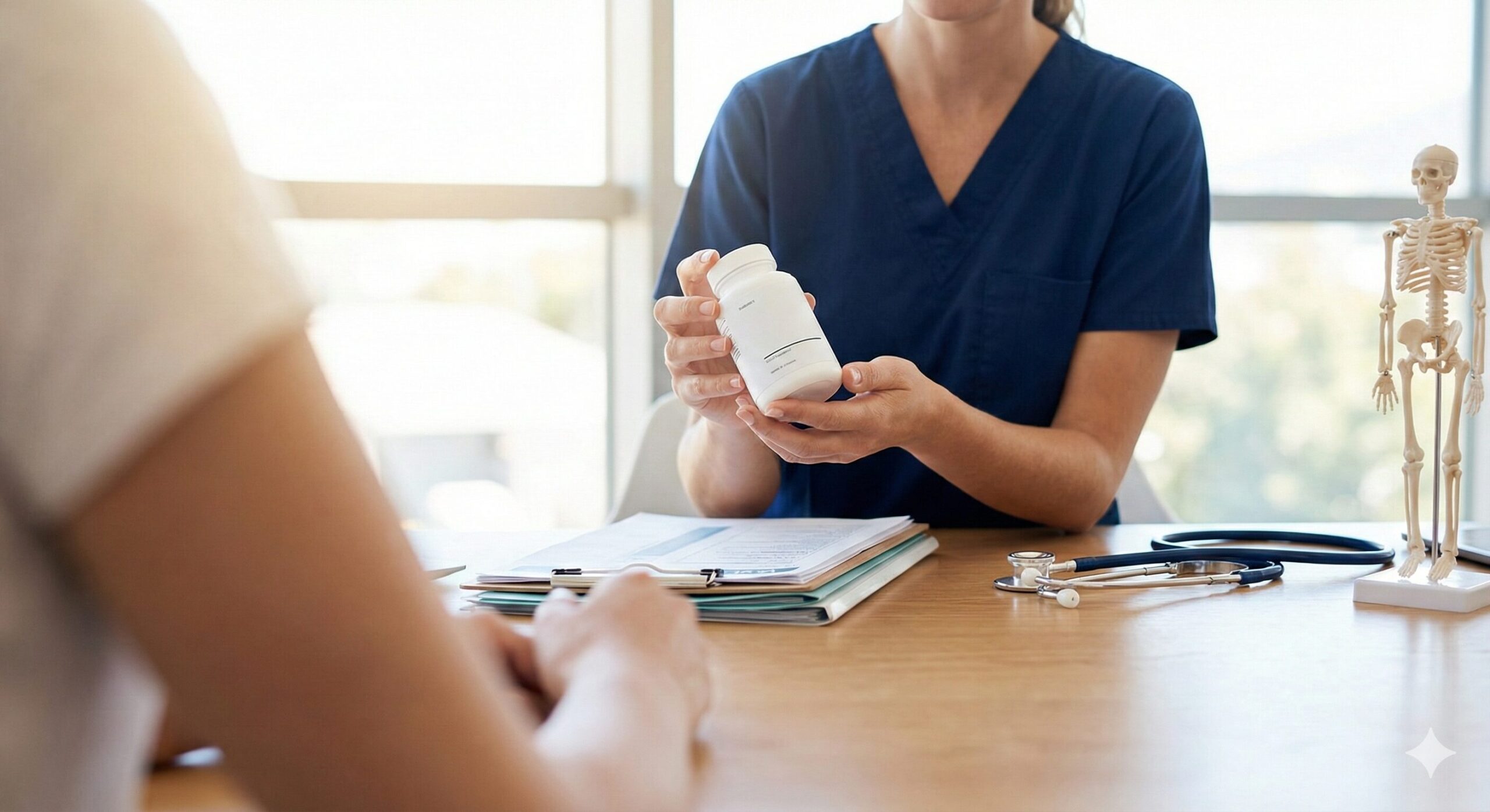 治療院の診察デスクで、治療家が患者に医療用グレードのサプリメントを提案している様子。信頼できる雰囲気。