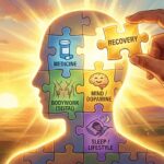 薬、整体、睡眠、メンタルケアなど、様々な要素のパズルピースが組み合わさって、脳の誤作動がリセットされ健康な体になる様子を描いたイメージイラスト。