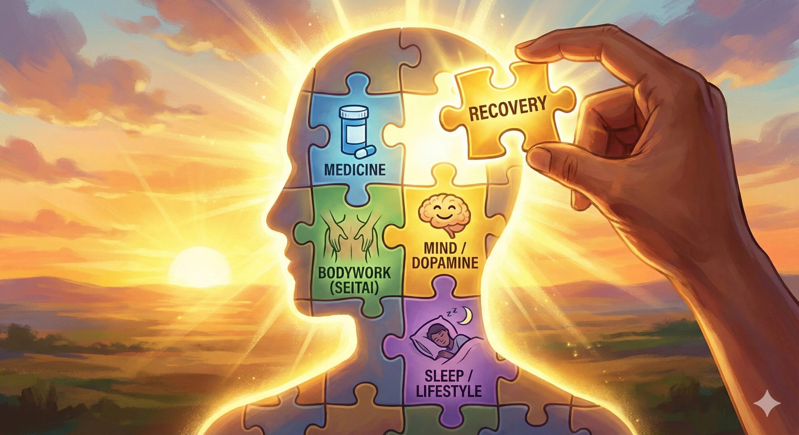 薬、整体、睡眠、メンタルケアなど、様々な要素のパズルピースが組み合わさって、脳の誤作動がリセットされ健康な体になる様子を描いたイメージイラスト。