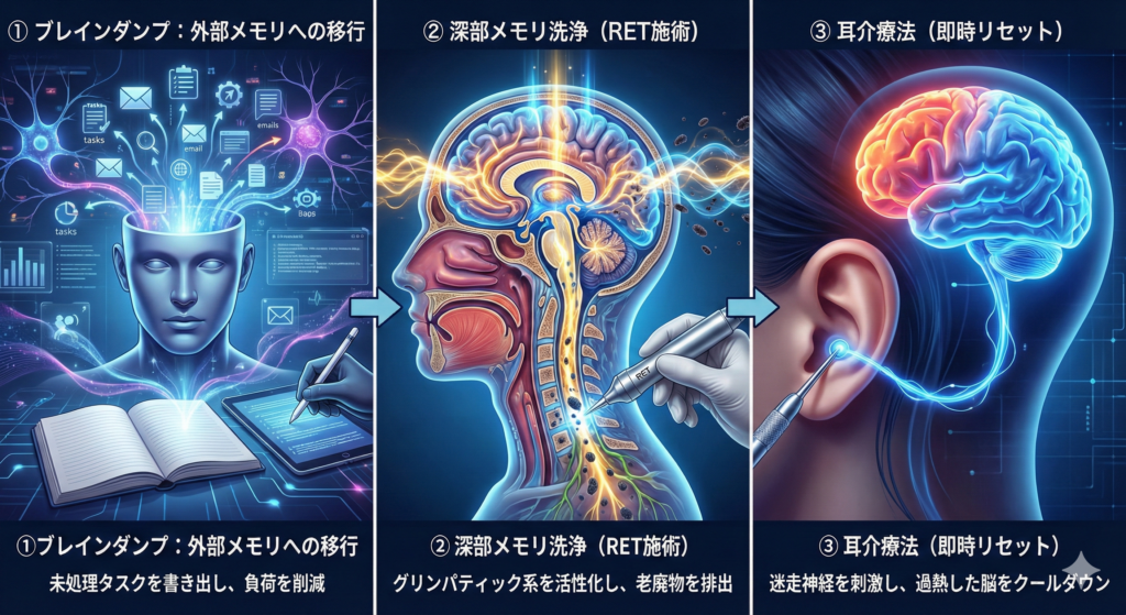 ワーキングメモリを解放する3つのステップ：ブレインダンプによる外部メモリ移行、RETラジオ波によるグリンパティック系活性化、耳介療法（VNS）による脳の即時リセット図解