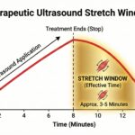 超音波温熱 照射後の組織温度変化と、拘縮改善に有効なストレッチウィンドウ（3分間）を示したグラフ。