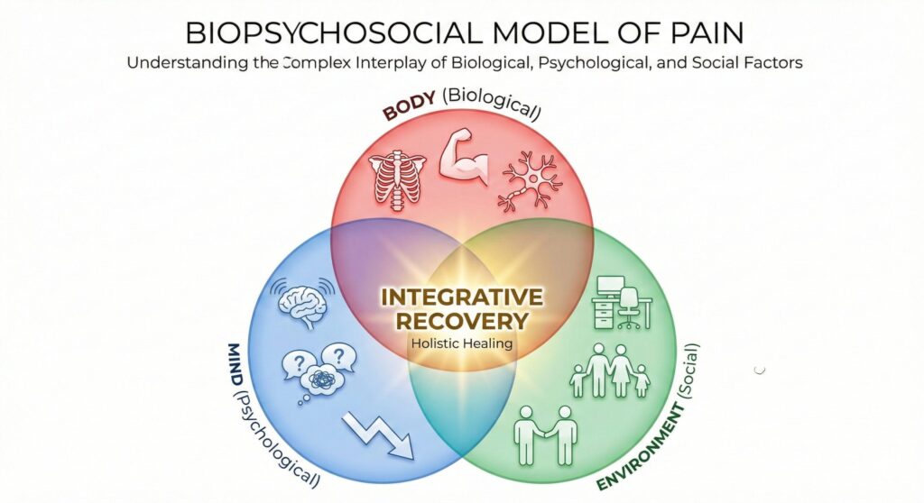痛みの原因を「身体（Bio）」「心（Psycho）」「社会環境（Social）」の3つの要因が複雑に絡み合ったものとして捉える、生物心理社会モデル（BPSモデル）のベン図。