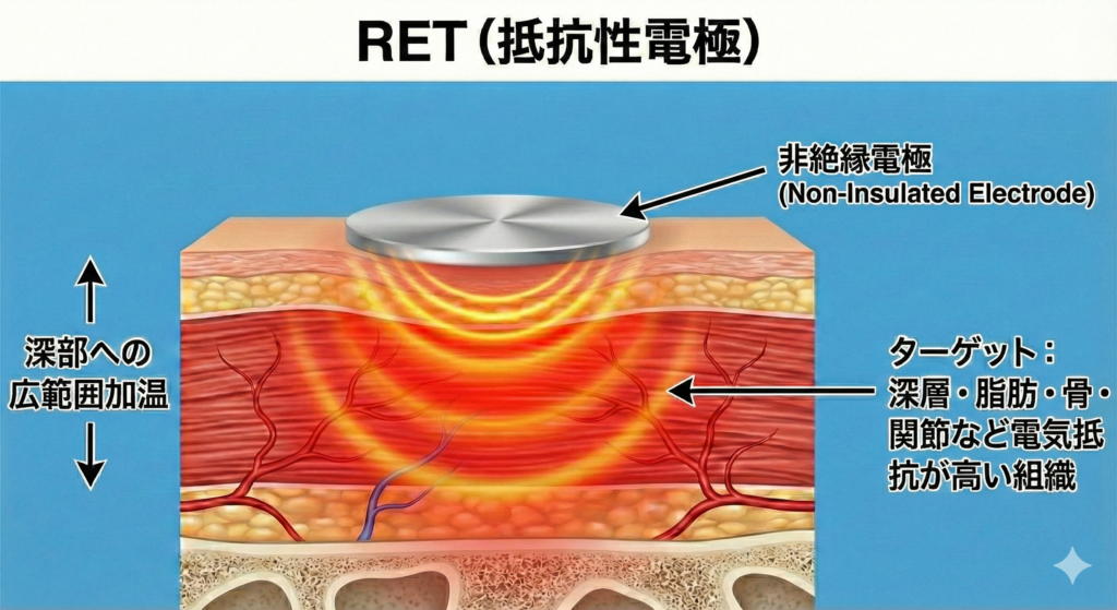 ラジオ波RET（抵抗性電極）が脳疲労解消のために深層組織・骨を広範囲に加温するメカニズムの図解
