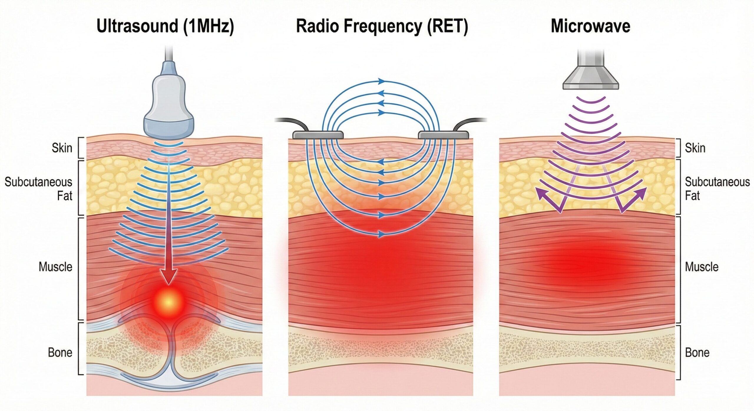 深部温熱療法 機器（超音波・ラジオ波・マイクロ波）のエネルギー到達深度と発熱部位の違いを比較した断面図解。