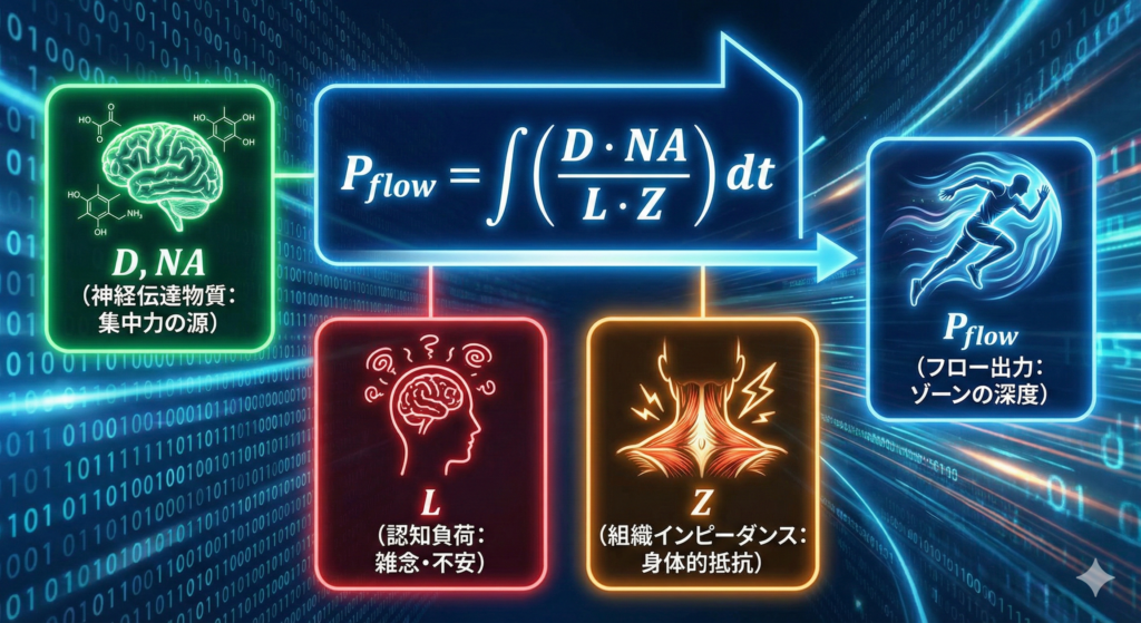 フロー状態の出力を決定する物理モデルの数式図解。$P_{flow}$（フロー出力）が、$D$・$NA$（神経伝達物質）に比例し、$L$（認知負荷）と$Z$（組織インピーダンス・身体抵抗）に反比例することを示す数理モデルと各変数の定義。