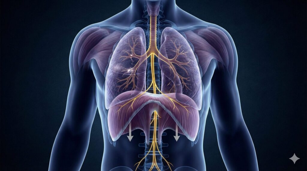 腹式呼吸で横隔膜が動き、迷走神経（副交感神経）を刺激してリラックスさせるメカニズムの解説図。