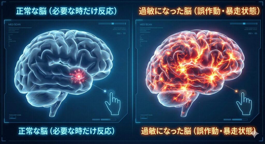 正常な脳と、慢性痛によって中枢性感作（過敏化）を起こした脳の比較イラスト。右側の脳は広範囲で痛みの反応が暴走している。