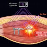 マイクロ波治療器の禁忌である体内金属（インプラント）への照射による、電磁波反射とホットスポット形成（深部熱傷リスク）の図解。