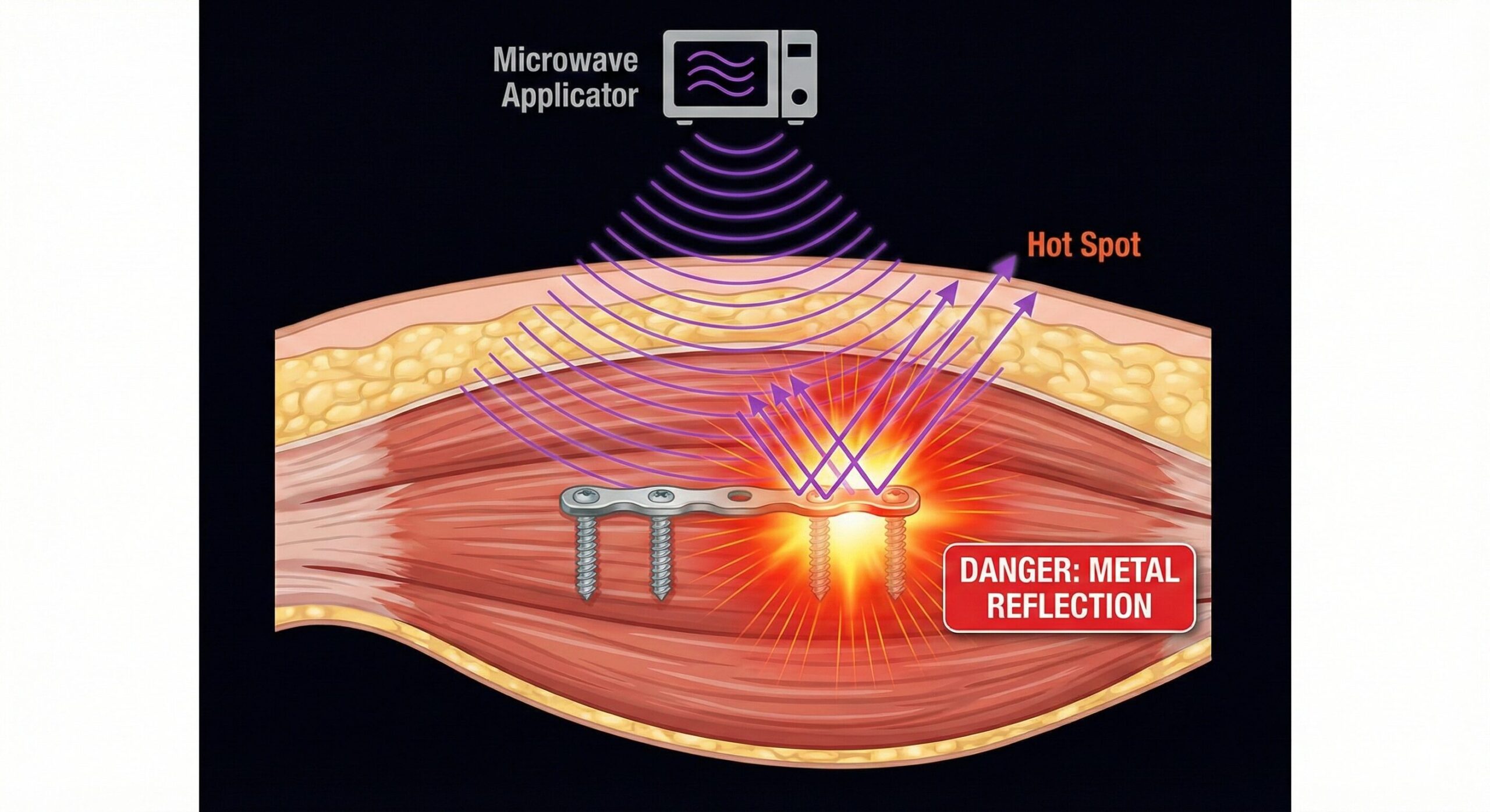 マイクロ波治療器の禁忌である体内金属（インプラント）への照射による、電磁波反射とホットスポット形成（深部熱傷リスク）の図解。