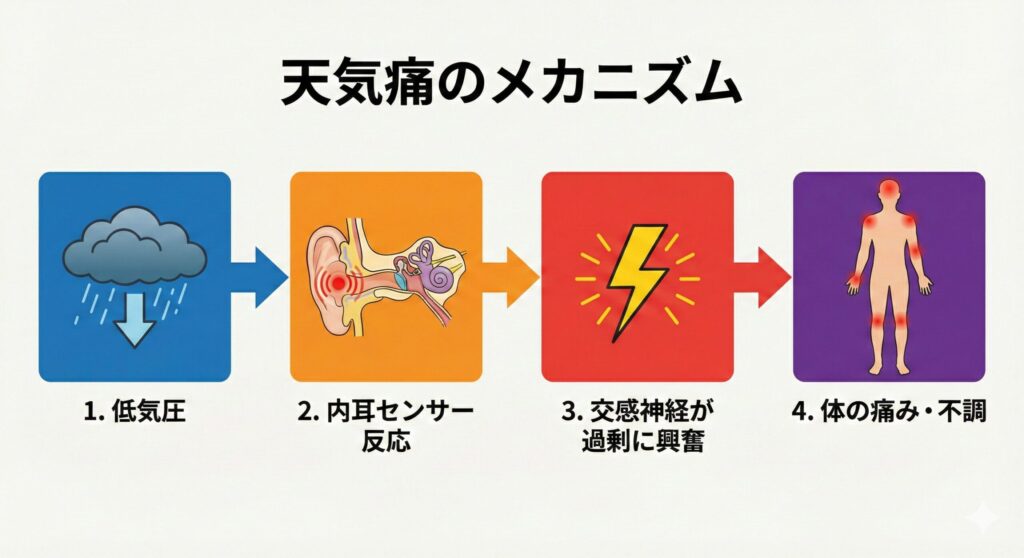 低気圧が内耳センサーを刺激し、交感神経（自律神経）を暴走させて体の痛みを引き起こす「天気痛のメカニズム」のフローチャート図。