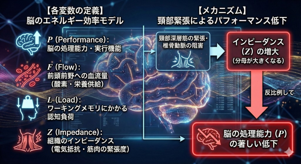 脳の処理能力Pを血流量F、認知負荷L、組織抵抗Zの相関で示すエネルギー効率モデルの積分数式図解